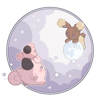 animal_ears brown_fur buneary clefairy cleffa colored_skin fluffy gen_1_pokemon gen_2_pokemon gen_4_pokemon highres moon muru_zatta nintendo no_humans on_head pink_skin pokemon pokemon_(creature) pokemon_dppt pokemon_focus pokemon_on_head rabbit rabbit_ears smile star_(symbol) walking white_background