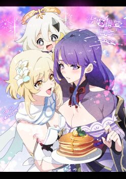 +_+ 3girls armor armpit_crease artist_name bare_shoulders blonde_hair blunt_bangs blurry blurry_background blush braid breasts bridal_gauntlets cleavage commentary_request couple covered_collarbone dated dress floating flower food bad_tag from_side genshin_impact hair_between_eyes hair_flower hair_ornament halo happy happy_birthday headpiece highres holding holding_plate inocheese japanese_clothes kimono large_breasts leaning leaning_on_person long_hair looking_at_another looking_down looking_to_the_side lumine_(genshin_impact) mole mole_under_eye multiple_girls neck_ribbon off_shoulder open_mouth outdoors paimon_(genshin_impact) pancake parted_lips pink_hair pink_lips plate purple_eyes purple_hair purple_kimono purple_nails raiden_shogun red_ribbon red_sash ribbon sash scarf shade short_hair shoulder_armor smile sparkle standing star_(symbol) star_hair_ornament symbol-shaped_pupils teeth twitter_username upper_body white_dress white_flower white_hair white_scarf yellow_eyes yuri