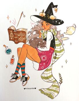 animal animal_on_lap ankle_socks artist_name belt black_footwear black_headwear black_vest blue_socks book cat cat_on_lap commentary cork cup dark-skinned_female dark_skin drink english_commentary eyelashes fringe_trim green_eyes green_scarf grey_hair grimoire hat hat_ornament holding holding_animal holding_cat holding_drink inktober lipstick long_hair long_sleeves makeup miniskirt mole mole_above_mouth mushroom mushroom_hat_ornament on_lap open_book orange_belt orange_socks original parted_lips pink_skirt potion red_lips saucer scarf shirt shoes skirt sneakers socks sparkle star_(symbol) star_print steam striped_clothes striped_scarf striped_socks sun_print tea teacup teapot telekinesis thick_eyebrows traditional_media two-tone_footwear two-tone_scarf two-tone_socks vest vicki_tsai wand white_footwear white_scarf white_shirt white_sleeves witch witch_hat