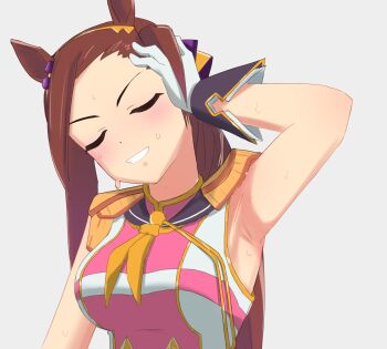 Rule 34 | 1girl, animal ears, armpit focus, armpits, bakushin o armpit gif (meme), commentary, epaulettes, gloves, gold hairband, hairband, hand on own head, hand up, highres, horse ears, horse girl, meme, neckerchief, okikumo, ponytail, presenting armpit, sakura bakushin o (blossom in learning) (umamusume), sakura bakushin o (umamusume), sleeveless, sleeveless jacket, smile, solo, sweat, umamusume, upper body, white gloves, yellow neckerchief