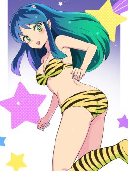 1girl :d animal_print ass bikini blue_eyes blush boots breasts cleavage cone_horns eyeshadow from_behind green_eyes green_eyeshadow green_hair highres horns irinogoma long_hair looking_at_viewer lum makeup medium_breasts navel oni open_mouth pointy_ears smile solo star_(symbol) strapless strapless_bikini swimsuit tiger_print urusei_yatsura