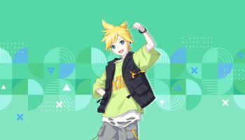 1boy :d alternate_costume aqua_eyes black_vest blonde_hair break_down_the_wall_(project_sekai) colorful_palette game_cg green_background green_shirt grey_shorts highres jewelry kagamine_len looking_at_viewer male_focus necklace official_art open_clothes open_mouth open_vest project_sekai shirt shorts smile solo spiked_hair third-party_source tongue torn_clothes torn_shirt triangle vest vivid_bad_squad_len vocaloid white_shirt
