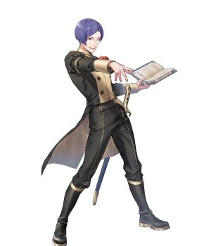 Rule 34 | 1boy, attack, book, brooch, diagonal bangs, fire emblem, fire emblem: three houses, fire emblem heroes, flower, flower brooch, garreg mach monastery uniform, highres, holding, holding book, jewelry, lorenz hellman gloucester, male focus, nintendo, non-web source, one eye closed, open book, purple eyes, purple hair, red flower, red rose, rose, smile, solo