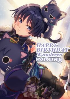 5boys character_name commentary_request cyno_(genshin_impact) durin_(genshin_impact) genshin_impact hand_on_own_face happy_birthday high_collar highres male_focus multiple_boys purple_eyes purple_hair rkgk_ukikasa scaramouche_(cat)_(genshin_impact) scaramouche_(genshin_impact) sethos_(genshin_impact) shorts solo tighnari_(genshin_impact) wanderer_(genshin_impact) watermark