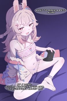 1girl :3 ahoge animal_ears animal_print anklet armpits bare_legs bare_shoulders barefoot bed_sheet blue_bow bow bow_panties braid breasts collarbone commentary controller criss-cross_halter dot_nose double-parted_bangs ear_bow english_commentary english_text flat_chest frilled_panties frilled_straps frilled_tank_top frills fur-trimmed_hoodie fur_trim furrowed_brow game_controller hair_bow hair_ornament halterneck heart-shaped_ornament highres holding holding_controller holding_game_controller hood hoodie hoodie_partially_removed jewelry knees_apart_feet_together light_blush long_hair long_sidelocks long_sleeves looking_at_viewer multicolored_hoodie multiple_hair_bows navel off_shoulder on_bed onion_(tamanegi) oversized_clothes paid_reward_available panties phase_connect pink_bow pink_eyes pink_hair pink_nails pink_panties pink_tank_top pipkin_pippa pipkin_pippa_(1st_costume) pom_pom_(clothes) rabbit_ears rabbit_girl rabbit_hair_ornament rabbit_print sidelocks single_bare_arm single_sleeve_past_fingers sitting small_breasts smug solo speech_bubble spread_legs star_ornament striped_clothes striped_hoodie tank_top tongue twin_braids two_side_up underwear virtual_youtuber x_x yellow_bow yume_kawaii