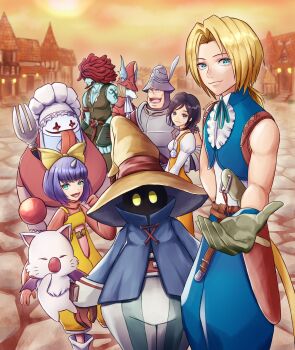 1other 3girls 4boys adelbert_steiner amarant_coral aqua_eyes arm_tattoo ascot bare_shoulders beard belt bib black_choker black_hair black_mage_(final_fantasy) blonde_hair blue_coat blue_hair blue_pants blue_skin blue_vest bodysuit bow breasts brown_belt brown_gloves cat_tail chef_hat choker closed_mouth coat cobblestone cocoro_oq colored_skin creature cropped_vest crystal dreadlocks eiko_carol european_architecture facial_hair final_fantasy final_fantasy_ix fork freya_crescent garnet_til_alexandros_xvii gloves green_eyes green_vest grey_gloves grey_hair hair_bow hair_over_eyes hat hat_feather helmet highres holding holding_fork horns jewelry juliet_sleeves light_smile long_sleeves low_ponytail medium_breasts moogle multiple_boys multiple_girls neck_ribbon open_mouth orange_bodysuit outstretched_hand overalls pants parted_bangs pendant pink_bodysuit pink_coat pink_sweater ponytail puffy_sleeves quina_quen red_coat red_hair red_helmet ribbon shirt single_horn sleeveless sleeveless_shirt smile striped_clothes striped_pants sweater tail tattoo tongue tongue_out vest vivi_ornitier white_ascot white_shirt winged_helmet wizard_hat yellow_bow yellow_eyes yellow_overalls zidane_tribal