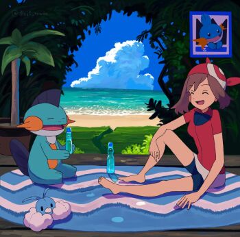1girl bandana beach bike_shorts bike_shorts_under_shorts breasts brown_hair closed_eyes gen_3_pokemon highres marshtomp may_(pokemon) nintendo ocean open_mouth palm_tree pokemon pokemon_(creature) pokemon_rse ramune red_bandana red_shirt rowdon shirt short_hair shorts shorts_under_shorts smile swablu towel tree