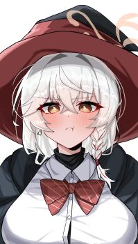 >:( 1girl black_jacket blue_archive blush bow bowtie breasts button_gap commentary dragonchicken02 dress_shirt embarrassed eri_(blue_archive) furrowed_brow hair_intakes halo hat highres jacket large_breasts long_hair looking_at_viewer open_clothes open_jacket portrait pout red_bow red_bowtie shirt solo turtleneck v-shaped_eyebrows wavy_hair white_hair white_shirt witch_hat yellow_eyes