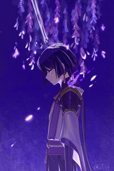 1boy absurdres alternate_costume alternate_universe armor bone bridal_gauntlets bug butterfly chinese_commentary closed_mouth cosplay crystalfly_(genshin_impact) earrings eyeliner falling_petals flower from_side genshin_impact glowing glowing_butterfly glowing_eyes glowing_petals hair_between_eyes hair_ribbon headpat highres insect japanese_clothes jewelry kimono lofter_username long_hair looking_down low_ponytail makeup multicolored_hair nihaowojiaoshanghetu petals ponytail purple_background purple_eyes purple_hair purple_kimono purple_sash raiden_shogun raiden_shogun_(cosplay) red_eyeliner red_ribbon ribbon sash scaramouche_(genshin_impact) shade short_hair short_sleeves shoulder_armor single_earring skeletal_arm skeletal_hand solo standing streaked_hair upper_body wide_sleeves wisteria