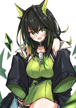 1girl absurdres ahoge arknights bare_shoulders belt black_collar black_hair black_jacket blush breasts collar collarbone colored_inner_hair commentary cowboy_shot crystal_horns crystal_tail detached_collar dress fang green_dress green_eyes green_hair green_jacket green_streaks hair_between_eyes highres huge_ahoge jacket large_breasts long_hair long_sleeves looking_at_viewer maiq06 material_growth mon3tr_(arknights) multicolored_hair off_shoulder open_clothes open_jacket open_mouth oripathy_lesion_(arknights) pouch short_dress sidelocks simple_background skin_fang sleeveless sleeves_past_fingers sleeves_past_wrists smile solo stethoscope stethoscope_around_neck streaked_hair tail thigh_belt thigh_strap two-sided_fabric two-sided_jacket two-tone_hair underbust white_background