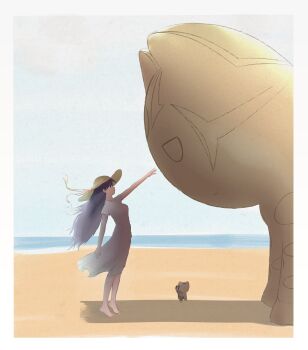 Rule 34 | absurdres, azumanga daiou, beach, black eyes, black hair, cat, dress, hat, highres, iriomote cat, kaorin daioh, long hair, looking at another, mayaa (azumanga daioh), ocean, oversized object, reaching, sakaki (azumanga daioh), sand sculpture, smile, standing, sun hat, sundress, tiptoes