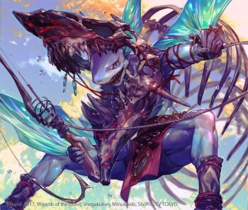 1boy blue_eyes bone commentary_request copyright_notice duel_masters fish_boy fish_hook fishing_rod furry furry_male holding holding_fishing_rod male_focus official_art shark_boy sharp_teeth skull so-taro solo sprate_dragon_armored teeth toned toned_male topless_male water_drop