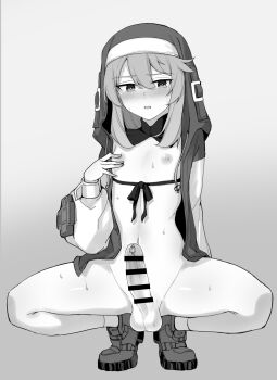 1boy bar_censor blush bridget_(guilty_gear) censored greyscale guilty_gear habit highres hood liyoosa long_hair long_sleeves male_focus monochrome nipple_stimulation nipple_tweak nipples penis shota solo sounding sounding_rod spread_legs squatting steam sweat sweater tearing_up testicles textless_version trap twitching_penis urethra urethral_insertion