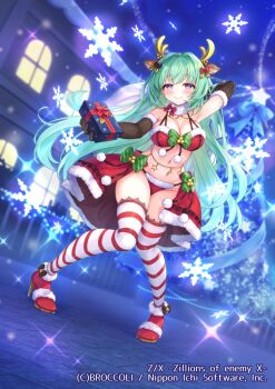 1girl animal_ears armpits bikini black_bow black_gloves bow breasts christmas_tree cleavage closed_mouth copyright_notice deer_ears elbow_gloves enju_(z/x) fur-trimmed_shoes gift gloves green_hair hair_bow high_heels holding holding_gift holding_sack large_breasts navel official_art otosume_ruiko outdoors purple_eyes red_bow red_shoes sack santa_bikini santa_costume shoes snowflakes solo sparkle striped_clothes striped_thighhighs swimsuit thighhighs z/x