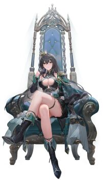 1girl artist_request black_gloves black_hair black_skirt breasts center_opening crossed_legs crown detached_sleeves epaulettes fur_trim game_cg gloves green_eyes hair_between_eyes hair_ornament hairclip heart high_heels highres jewelry large_breasts long_hair looking_at_viewer mini_crown mochizuki_himiya mochizuki_himiya_(oath) non-web_source official_alternate_costume official_art poker_fate shinlet single_epaulette sitting_on_throne skirt sleeve_cuffs solo spade_(shape) spade_brooch spade_hair_ornament thighlet throne transparent_background