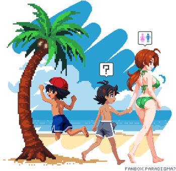 1girl 2boys ? age_difference ahoge artist_name ash_ketchum ass barefoot baseball_cap beach bikini bilingual_commentary black_hair blue_eyes blue_sky breasts brown_eyes brown_hair bulge closed_mouth cloud commentary delia_ketchum english_commentary erection erection_under_clothes fanbox_username goh_(pokemon) green_bikini hat highres holding_hands horizon large_breasts long_hair mixed-language_commentary multiple_boys nintendo ocean onee-shota open_mouth outdoors palm_tree paradigma7 pixel_art pokemon pokemon_(anime) pokemon_journeys red_hat sand short_hair shorts shota simple_background sky speech_bubble spoken_question_mark swimsuit topless_male tree walking water white_background