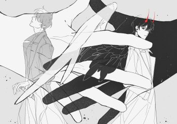 2boys 2others black_coat black_hair black_wings coat cowboy_shot demon_horns feathered_wings hand_on_sheath hands_in_pockets highres horns interlocked_fingers kim_dokja looking_at_viewer male_focus mini_person miniboy multiple_boys multiple_others omniscient_reader&#039;s_viewpoint open_clothes open_coat popped_collar short_hair spot_color twle two-tone_wings white_coat white_wings wings yoo_joonghyuk