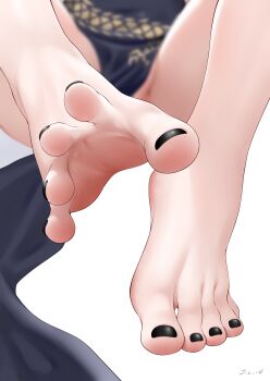 1girl absurdres artist_name bare_legs barefoot black_dress blue_archive close-up commentary_request dragon_print dress feet foot_focus highres j.c.14 kisaki_(blue_archive) knees_up nail_polish pelvic_curtain simple_background sitting soles solo toenail_polish toenails toes white_background