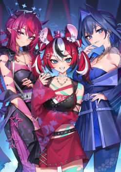 3girls animal animal_ear_fluff animal_ears animal_on_head belt black_belt black_dress black_hair black_shawl black_shirt blue_coat blue_eyes blue_hair blue_pantyhose blue_shirt braid braided_hair_rings breasts bright_pupils choker closed_mouth coat colored_inner_hair colored_tips commentary crossed_bangs detached_hair detached_sleeves dice dice_hair_ornament double-parted_bangs double_halo dress english_commentary fanged_bangs grin hair_between_eyes hair_flaps hair_intakes hair_ornament hair_rings hairclip hakos_baelz halo hand_on_own_hip hand_up heterochromia highres holding holding_dice hololive hololive_english horns irys_(hololive) jewelry large_breasts layered_dress long_hair looking_at_viewer medium_breasts miniskirt mouse_ears mouse_girl mr._squeaks_(hakos_baelz) multicolored_hair multiple_girls necklace official_alternate_costume official_alternate_hairstyle on_head oopartz_yang ouro_kronii pantyhose parted_lips pointy_ears print_dress purple_eyes purple_hair purple_skirt purple_sleeves red_hair shawl shirt short_hair single_off_shoulder skirt sleeveless sleeveless_dress sleeveless_shirt smile snake_print star_halo streaked_hair twin_braids twintails very_long_hair virtual_youtuber white_choker white_hair white_pupils