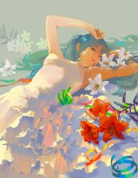 Rule 34 | 1girl, aqua hair, armpits, arms up, bare arms, bare shoulders, blue eyes, blue hair, breasts, closed mouth, dress, expressionless, flower, frilled dress, frills, grey background, hair between eyes, hatsune miku, highres, leaf, lily (flower), lips, long hair, looking at viewer, lying, medium breasts, on back, orange flower, ribbon, sleeveless, sleeveless dress, solo, strapless, strapless dress, tensen men, vocaloid, white dress, white flower