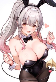 1girl animal_ear_hairband animal_ears bare_shoulders between_breasts black_leotard black_pantyhose blush breasts cleavage collarbone commentary covered_groin daysss detached_collar fake_animal_ears gradient_hair grey_hair hairband hands_up heart heart_ornament highres indie_virtual_youtuber large_breasts leotard long_hair multicolored_hair nail_polish open_mouth pantyhose pink_hair pink_nails playboy_bunny pointy_ears rabbit_ears sideboob sidelocks simple_background smile standing strapless strapless_leotard suou_patra symbol-only_commentary tail tail_ornament thighs very_long_hair virtual_youtuber white_background white_wrist_cuffs wrist_cuffs yellow_eyes