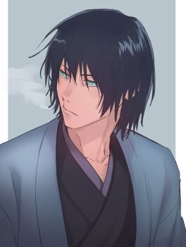 Rule 34 | 1boy, black hair, border, closed mouth, collarbone, commentary request, fknnn13, fushiguro toji, green eyes, highres, japanese clothes, jujutsu kaisen, male focus, pillarboxed, scar, scar on face, scar on lip, scar on mouth, short hair, solo, upper body, white border