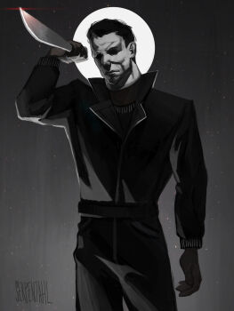 1boy absurdres black_gloves black_hair black_jacket black_shirt buzz_cut commentary cowboy_shot dead_by_daylight empty_eyes glint gloves highres holding holding_knife jacket knife looking_at_viewer male_focus michael_myers moon_behind_head partially_colored partially_shaded_face popped_collar serpentahl shirt short_hair solo standing symbol-only_commentary very_short_hair