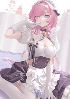 1girl :d absurdres biting blue_eyes breasts cleavage cleavage_cutout closed_mouth clothing_cutout elf elysia_(honkai_impact) elysia_(miss_pink)_(honkai_impact) elysia_(miss_pink_elf)_(honkai_impact) biting_glove gloves grin highres honkai_(series) honkai_impact_3rd looking_at_viewer maid official_alternate_costume open_mouth pink_hair pointy_ears ponytail roena short_sleeves sitting smile solo teeth thighhighs wariza white_gloves white_thighhighs