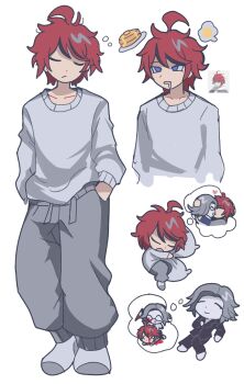 2boys ahoge aotsuki_eito black_pajamas black_streaks blood bloody_knife blue_eyes catp0sse chibi chibi_inset commentary dreaming drooling english_commentary food grey_hair highres holding holding_knife hugging_object image_in_thought_bubble kiss knife male_focus multicolored_hair multiple_boys multiple_views murder no_pupils pajamas pancake pancake_stack pants red_hair reference_inset short_hair socks speech_bubble spoilers streaked_hair sumino_takumi sweatpants the_hundred_line_-last_defense_academy- thought_bubble two-tone_hair white_pajamas white_socks x_x yaoi