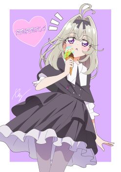 1girl :o absurdres antenna_hair artist_name black_capelet black_dress black_ribbon brown_hair capelet character_name cowboy_shot dress dutch_angle food food_on_face frilled_dress frills grey_pantyhose hair_intakes hair_ribbon highres jewelry medium_dress medium_hair meitantei_precure! moria_luluka necklace notice_lines open_mouth pantyhose precure purple_background purple_eyes ribbon short_sleeves signature solo tirofinire