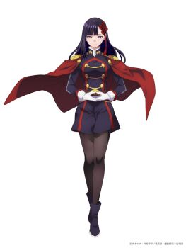 1girl breasts cape gloves hair_ornament large_breasts long_hair looking_at_viewer mato_seihei_no_slave official_art pantyhose purple_eyes purple_hair smile solo yamashiro_ren