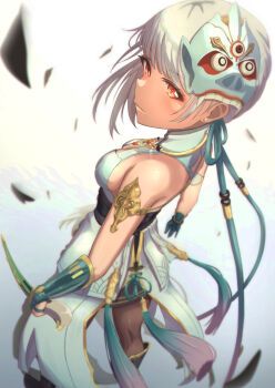 1girl absurdres aqua_gloves aqua_ribbon bare_shoulders black_pantyhose breasts closed_mouth commentary_request from_above from_behind gloves grey_hair hair_ribbon highres light_smile mask mask_on_head mismatched_irises mole_beside_mouth pantyhose purufa red_eyes ribbon sanhua_(exorcistic_adjuration)_(wuthering_waves) sanhua_(wuthering_waves) short_hair small_breasts solo standing tacet_mark_(wuthering_waves) wuthering_waves