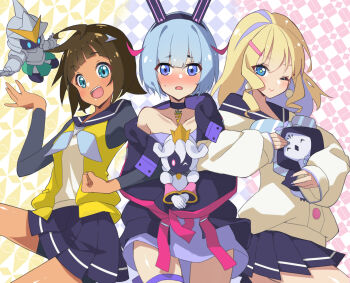 3girls animal_ears armor bare_legs bare_shoulders beak bird black_hoodie blonde_hair blue_eyes blue_hair blush brown_hair carrot_necklace choker closed_eyes creature crown cygames earrings fake_animal_ears fingernails full_armor gyaru headband highres holding holding_creature holster hood hood_up hoodie isei_sei jacket jewelry kazamatsuri_ren_(shadowverse_flame) knight long_sleeves mascot miniskirt multiple_girls nail_polish necklace one_eye_closed open_clothes open_jacket open_mouth otosaka_shion_(shadowverse_flame) oversized_clothes oversized_shirt pearl_earrings penguin petting pleated_skirt puffy_sleeves rabbit_ears ribbon shadowverse shadowverse_(anime) shadowverse_flame shirt shy skirt sleeves_past_fingers sleeves_past_wrists smile sweat takanashi_tsubasa_(shadowverse_flame) teeth thigh_holster thighs upper_teeth_only v_arms white_shirt yellow_jacket