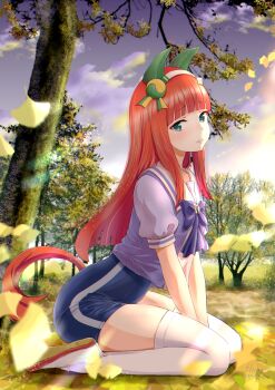1girl absurdres animal_ears aqua_eyes artist_name between_legs blue_one-piece_swimsuit blunt_bangs bow bowtie closed_mouth cloud commentary_request dated ear_covers falling_leaves fluno from_side full_body gym_uniform hand_between_legs highres horse_ears horse_girl horse_tail leaf long_hair looking_at_viewer one-piece_swimsuit orange_hair outdoors puffy_short_sleeves puffy_sleeves purple_bow purple_bowtie purple_shirt sailor_collar sailor_shirt seiza shirt shoes short_sleeves silence_suzuka_(umamusume) sitting skindentation sky sneakers solo sunlight swimsuit tail thighhighs tree umamusume white_sailor_collar white_shoes white_thighhighs