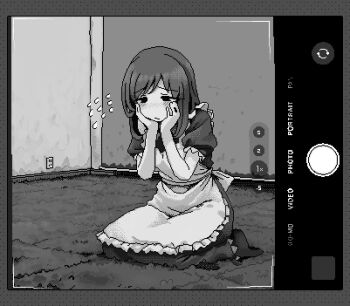 1girl alternate_costume apron blush border carpet closed_mouth dithering dress enmaided fake_phone_screenshot fake_screenshot flying_sweatdrops frilled_apron frills greyscale hamsterfragment hands_on_own_cheeks hands_on_own_face hands_up indoors jaggy_lines long_dress lowres maid medium_hair monochrome no_nose no_shoes original puffy_short_sleeves puffy_sleeves short_sleeves sitting solo shinohata_sachie_(hamsterfragment)