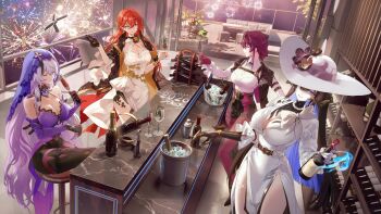 4girls aerial_fireworks black_hair black_jacket black_shorts black_swan_(honkai:_star_rail) bottle breasts commentary dress english_commentary fireworks happy_new_year hat highres himeko_(honkai:_star_rail) honkai:_star_rail honkai_(series) indoors jacket kafka_(honkai:_star_rail) large_breasts long_hair multiple_girls new_year purple_dress purple_hair purple_veil red_hair salmon88 shirt shorts sitting sun_hat the_dahlia_(honkai:_star_rail) veil white_dress white_shirt wine_bottle