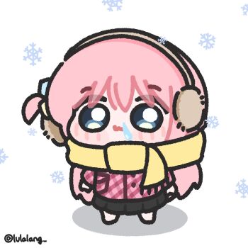 1girl black_skirt blue_eyes blush_stickers bocchi_the_rock! chibi chibi_only closed_mouth coat cold commentary earmuffs english_commentary full_body gotoh_hitori highres long_hair looking_at_viewer lulalang one_side_up pink_coat pink_hair runny_nose scarf simple_background skirt snot snowflakes snowing solo standing twitter_username white_background yellow_scarf