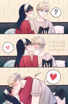 1boy 1girl ? arms_around_neck black_hair blonde_hair blue_eyes book botchinako couple dress earrings gold_earrings hair_between_eyes hairband hand_in_another&#039;s_hair hand_on_another&#039;s_cheek hand_on_another&#039;s_face heart hetero highres holding holding_book jewelry kiss long_hair off-shoulder_dress off_shoulder parted_lips reading red_dress red_eyes shirt short_hair spoken_heart spoken_question_mark spy_x_family sweater sweater_dress twilight_(spy_x_family) white_hairband white_shirt yor_briar