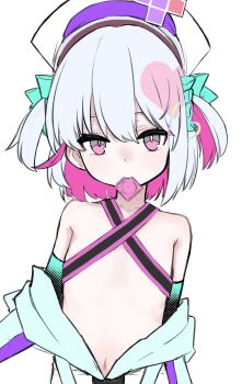 1girl bakemono_ja_nai colored_inner_hair condom condom_in_mouth condom_wrapper detached_sleeves dohna_dohna_issho_ni_warui_koto_o_shiyou hat highres loli mouth_hold multicolored_hair navel pink_hair porno_(dohna_dohna) strap white_background white_hair