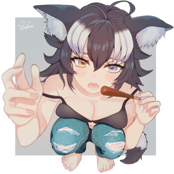 1girl ahoge alternate_costume ancolatte_(onikuanco) animal_ear_fluff animal_ears barefoot black_bra black_hair blue_pants blurry blurry_foreground blush border bra breast_press breasts denim ears_down eyebrows_hidden_by_hair fang fingernails food foreshortening full_body furrowed_brow grey_hair grey_wolf_(kemono_friends) hair_between_eyes heterochromia highres holding holding_food holding_pocky jeans kemono_friends knees_to_chest looking_at_viewer medium_breasts multicolored_hair navel no_shirt open_mouth outside_border pants pocky purple_eyes reaching reaching_towards_viewer solo squatting strap_slip tail toes torn_clothes torn_jeans torn_pants two-tone_hair underwear white_border wolf_ears wolf_girl wolf_tail yellow_eyes