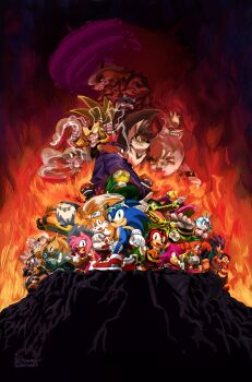 absurdres amy_rose belle_the_tinkerer blue_fur character_request charmy_bee clutch_the_opossum comic_cover cubot dr._eggman espio_the_chameleon evil_grin evil_smile eyewear_on_head fiery_background fire green_scales grin highres hunched_over jet_the_hawk jewel_the_beetle kitsunami_the_fennec lanolin_the_sheep mimic_the_octopus official_art orbot pink_fur purple_scales red_footwear rough_the_skunk round_eyewear smile sonic_(series) sonic_the_hedgehog sonic_the_hedgehog_(idw) storm_the_albatross surge_the_tenrec tails_(sonic) tangle_the_lemur textless_version thekkm tumble_the_skunk vector_the_crocodile wave_the_swallow whisper_the_wolf yellow_fur