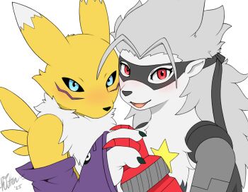 Rule 34 | blush, digimon, digimon (creature), holding hands, kurimucat, looking at viewer, mask, renamon, smile, star (symbol), wolvermon