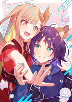 Rule 34 | 2girls, :d, animal ear fluff, animal ears, black choker, blonde hair, blue hoodie, blue nails, brown eyes, cho kaguya-hime!, choker, commentary request, crescent, crescent hair ornament, fang, forehead jewel, fox ears, green eyes, hair ornament, hand on another's arm, highres, hood, hoodie, hug, hug from behind, japanese clothes, kaguya (cho kaguya-hime!), kimono, long hair, looking at another, looking back, lop rabbit ears, multiple girls, nail polish, open mouth, outline, outstretched arms, parted bangs, pink background, pochimaru (marumaru wanwan), purple hair, rabbit ears, red kimono, sakayori iroha, short hair, smile, star (symbol), upper body, white outline