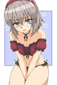 1girl bandeau bikini blush breasts cleavage clenched_teeth collarbone frilled_bikini frills girls_und_panzer gothic_lolita green_eyes grey_hair hairband highres itsumi_erika lolita_fashion looking_at_viewer medium_breasts red_bikini renshiu short_hair solo sweat swimsuit teeth