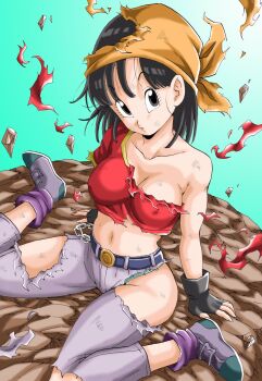 1girl aged_up ankle_boots aqua_background arm_support bandana bare_arms bare_shoulders belt black_boots black_eyes black_gloves black_hair blue_panties boots breasts chain cleavage clothes_lift collarbone commentary_request covered_erect_nipples crop_top debris denim dirty dirty_clothes dirty_face dragon_ball dragon_ball_gt expressionless eyelashes female_focus fingerless_gloves fingernails floating_hair floating_rock full_body gloves gradient_background hair_between_eyes headband highres jeans knees_out_of_frame looking_up medium_breasts midriff navel on_rock orange_bandana orange_headwear pan_(dragon_ball) panties pants parted_lips purple_socks red_shirt rock shirt short_hair simple_background sitting socks solo straight_hair toei_company tomboy torn_clothes torn_headband torn_jeans torn_pants torn_shirt underwear wariza white_background wind wind_lift young_jijii