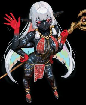 1girl absurdres arm_tattoo armlet black_background black_sclera black_skin boagnnnnnnn breasts chain cheek_tattoo closed_mouth colored_extremities colored_eyelashes colored_inner_hair colored_sclera colored_skin commentary commission dress earrings elf english_commentary extra_arms fangs feet fingernails foot_tattoo full_body gold_chain hair_intakes hands_on_own_hips highres holding holding_staff impossible_clothes jewelry leg_tattoo long_fingernails long_hair looking_at_viewer medium_breasts multicolored_hair nail_polish navel original pointy_ears rainbow_hair red_eyes red_loincloth red_skin ring simple_background smile solo staff standing stomach_tattoo tattoo toeless_legwear toenail_polish toenails toes tongue tongue_out tribal_tattoo very_long_hair waving white_eyelashes white_hair