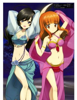 2girls :d absurdres ahoge anime_coloring aqua_bra aqua_skirt arabian_clothes arm_up armlet armpit_crease arms_behind_head arms_up artist_request black_eyes black_hair blunt_bangs bra bracer breasts cleavage closed_mouth collarbone copyright_name copyright_notice crescent_moon front_slit girls_und_panzer girls_und_panzer_saishuushou groin harem_outfit highres isuzu_hana jewelry long_skirt looking_at_viewer magazine_scan matching_outfits mc_axis medium_breasts midriff moon multiple_girls navel night official_art open_mouth orange_eyes orange_hair pink_bra pink_skirt sand scan see-through_clothes see-through_sleeves shiny_skin sidelocks skirt smile standing stomach swept_bangs takebe_saori third-party_source underwear