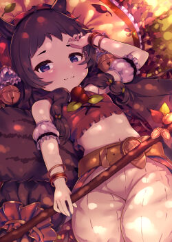 Rule 34 | :3, absurdres, animal ears, belt, blush, breasts, brown hair, closed mouth, covered erect nipples, crop top, detached sleeves, frilled shirt, frills, highres, holding, holding staff, jiyasu, long hair, lying, midriff, navel, on back, outdoors, pants, princess connect!, puffy pants, purple eyes, red shirt, rin (princess connect!), shaded face, shirt, short eyebrows, short sleeves, sleeveless, sleeveless shirt, small breasts, smile, squirrel ears, squirrel tail, staff, sunlight, tail, tree shade, twintails, white pants, wristband