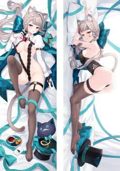 1girl animal_ears aqua_ribbon ass black_hat black_leotard bow braid breasts brown_pantyhose cat_ears cat_girl cat_tail commentary_request dakimakura_(medium) genshin_impact grey_hair hair_bow hat juliet_sleeves leotard long_hair long_sleeves low_ponytail lynette_(genshin_impact) medium_breasts moeanime multiple_views pantyhose ponytail puffy_sleeves ribbon tail thigh_strap thighhighs top-down_bottom-up top_hat unworn_hat unworn_headwear very_long_hair