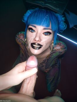 1boy 1girl 3d absurdres arms_behind_back artist_name black_lips blue_eyes blue_hair breasts checkpik cheri_nowlin completely_nude cum cum_on_body cyberpunk_(series) cyberpunk_2077 earrings eyeliner facial feet freckles full-body_tattoo hetero highres hoop_earrings indoors jewelry kneeling lipstick looking_at_viewer makeup necklace nipples nude penis pov small_breasts tattoo
